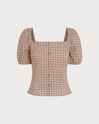 Blusa de Cuello Cuadrado Marrón con Mangas Abullonadas a Cuadros