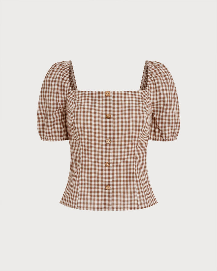 Blusa de Cuello Cuadrado Marrón con Mangas Abullonadas a Cuadros