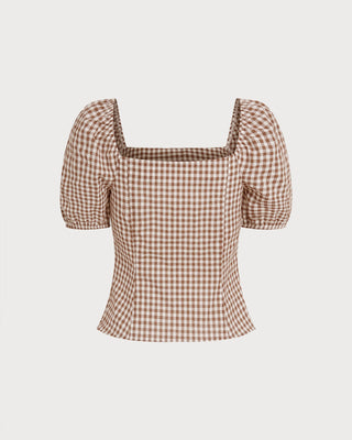 Blusa de Cuello Cuadrado Marrón con Mangas Abullonadas a Cuadros