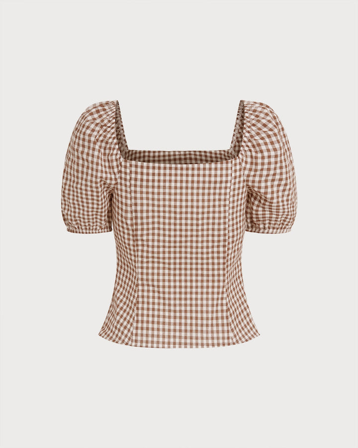 Blusa de Cuello Cuadrado Marrón con Mangas Abullonadas a Cuadros