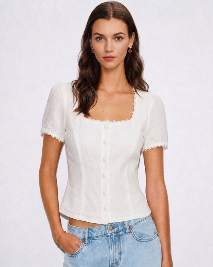 Blusa de Encaje con Botones y Cuello Cuadrado Blanca