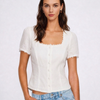 Blusa de Encaje con Botones y Cuello Cuadrado Blanca