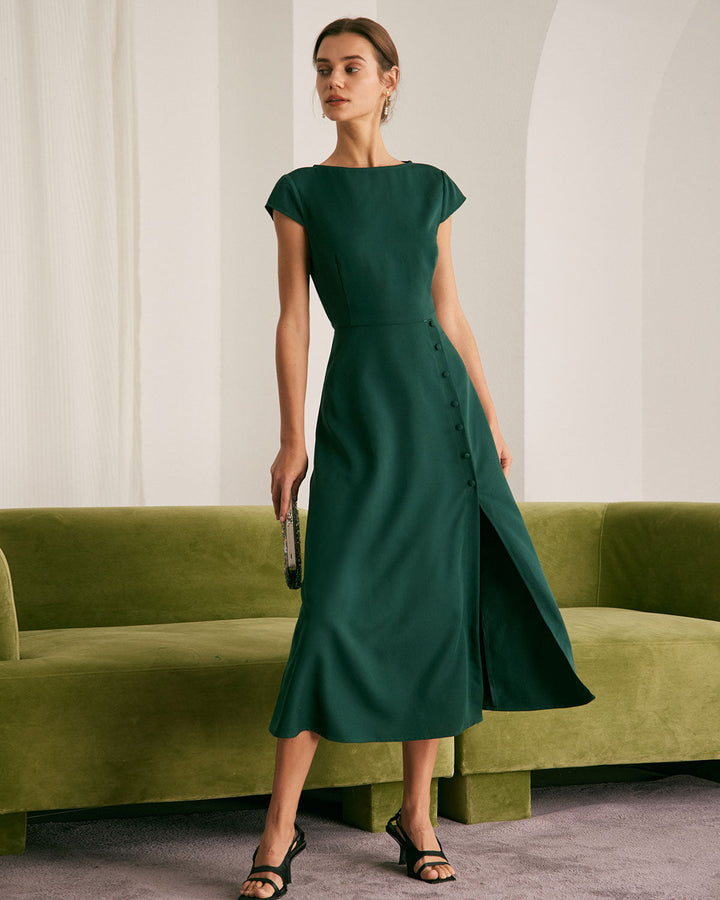 El Vestido Midi Verde con Escote Barco y Corte en la Espalda