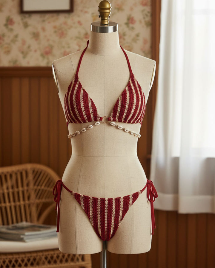 Conjunto de Bikini de O-Ring Rojo en Contraste