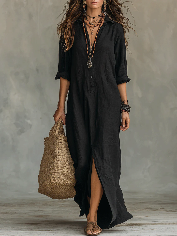 Veronica™ | Vestido Maxi Negro Largo con Botones