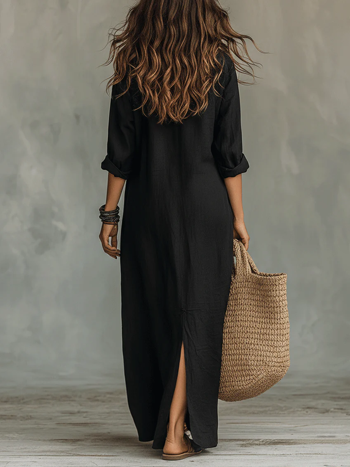 Veronica™ | Vestido Maxi Negro Largo con Botones