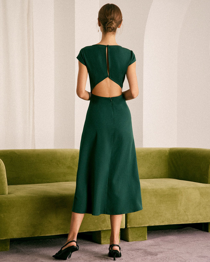 El Vestido Midi Verde con Escote Barco y Corte en la Espalda