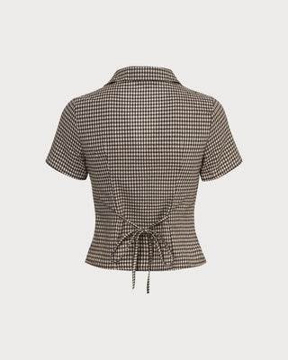 La Blusa de Cuello de Pata de Gallo Marrón de Manga Corta