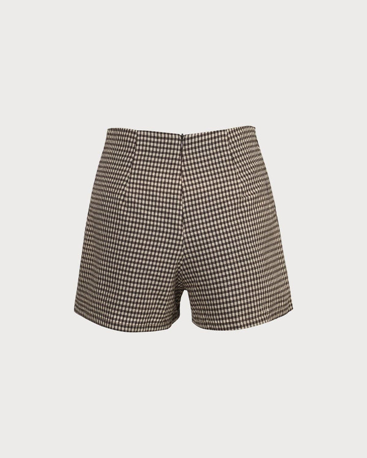 Los Pantalones Cortos de Cuadros de Cintura Alta Marrones