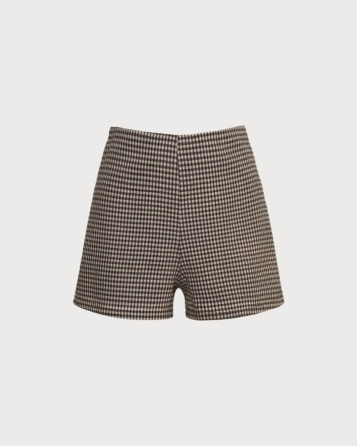Los Pantalones Cortos de Cuadros de Cintura Alta Marrones