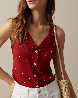 El Chaleco Sin Mangas de Cuello en V con Estampado de Lunares Rojos