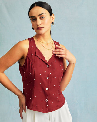 El Chaleco Sin Mangas de Cuello en V con Estampado de Lunares Rojos