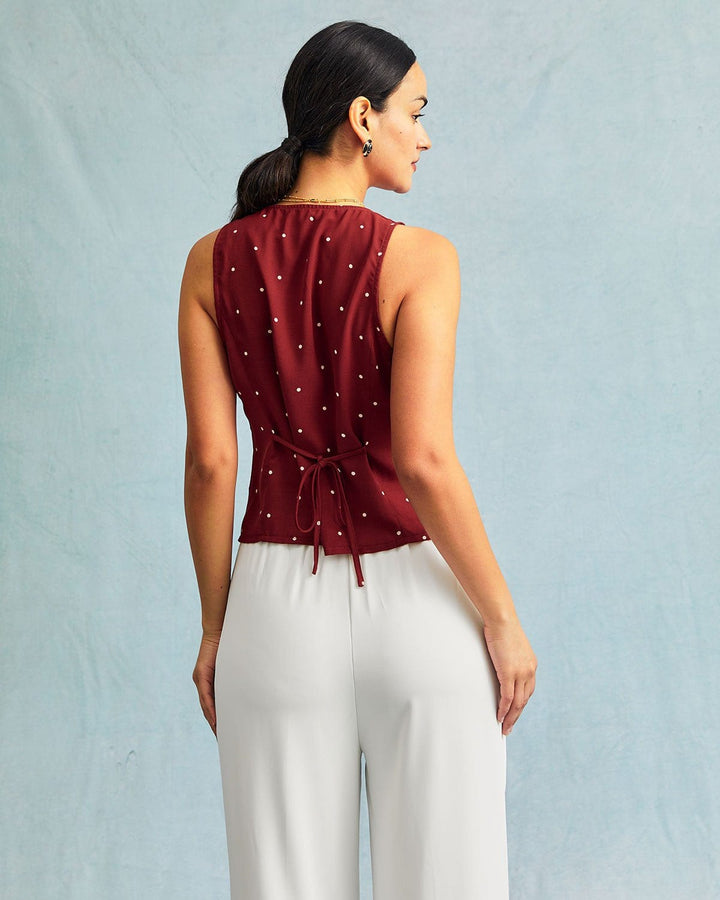 El Chaleco Sin Mangas de Cuello en V con Estampado de Lunares Rojos