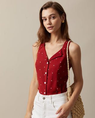 El Chaleco Sin Mangas de Cuello en V con Estampado de Lunares Rojos