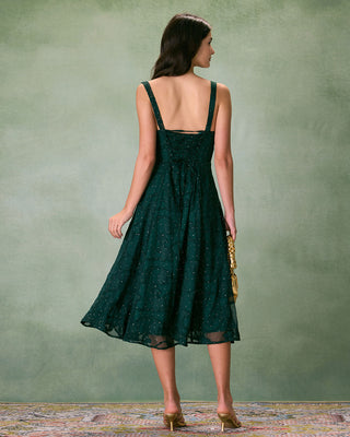 El Vestido Midi Jacquard Verde con Escote Cuadrado