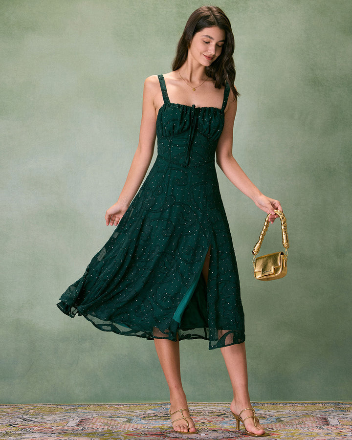 El Vestido Midi Jacquard Verde con Escote Cuadrado