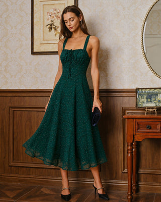 El Vestido Midi Jacquard Verde con Escote Cuadrado