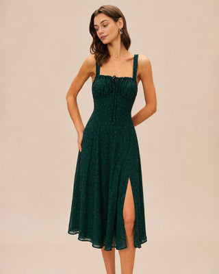 El Vestido Midi Jacquard Verde con Escote Cuadrado