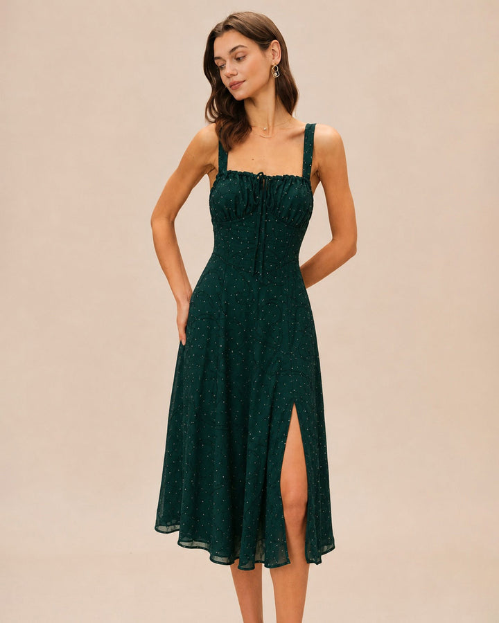 El Vestido Midi Jacquard Verde con Escote Cuadrado