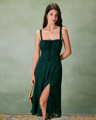 El Vestido Midi Jacquard Verde con Escote Cuadrado
