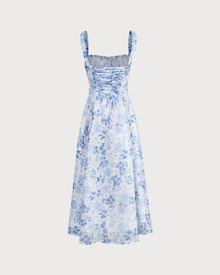 El Vestido Midi Floral con Escote Cuadrado Azul