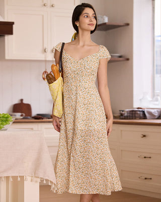 El Vestido Midi Floral Amarillo con Escote en V