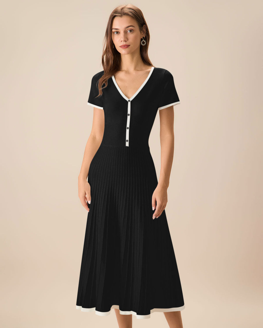 Vestido Midi de Suéter Negro Contrastante