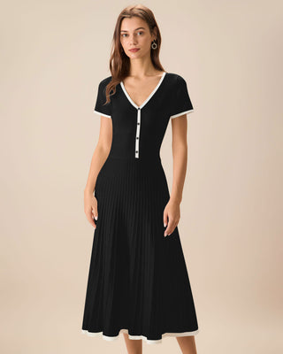 Vestido Midi de Suéter Negro Contrastante