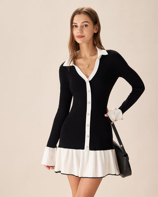 Vestido de Suéter Negro con Mangas de Campana en Contraste