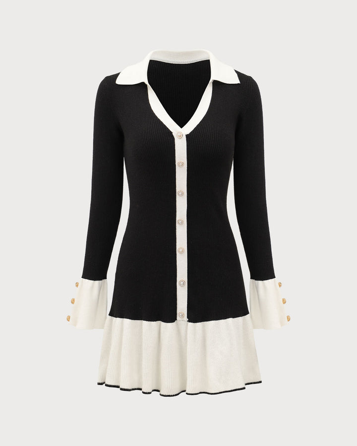 Vestido de Suéter Negro con Mangas de Campana en Contraste