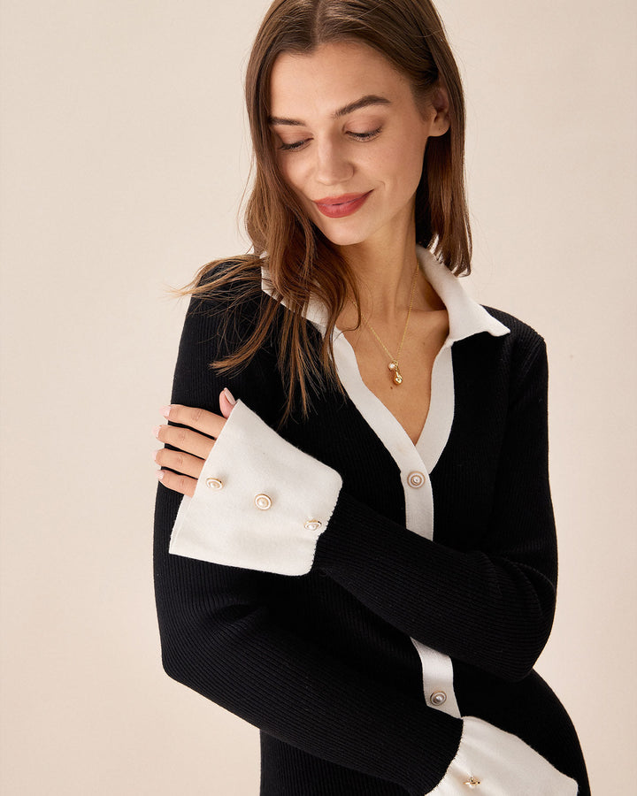 Vestido de Suéter Negro con Mangas de Campana en Contraste