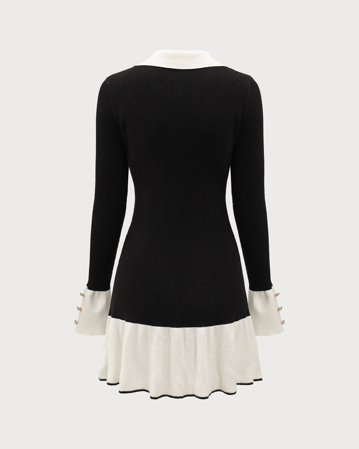 Vestido de Suéter Negro con Mangas de Campana en Contraste