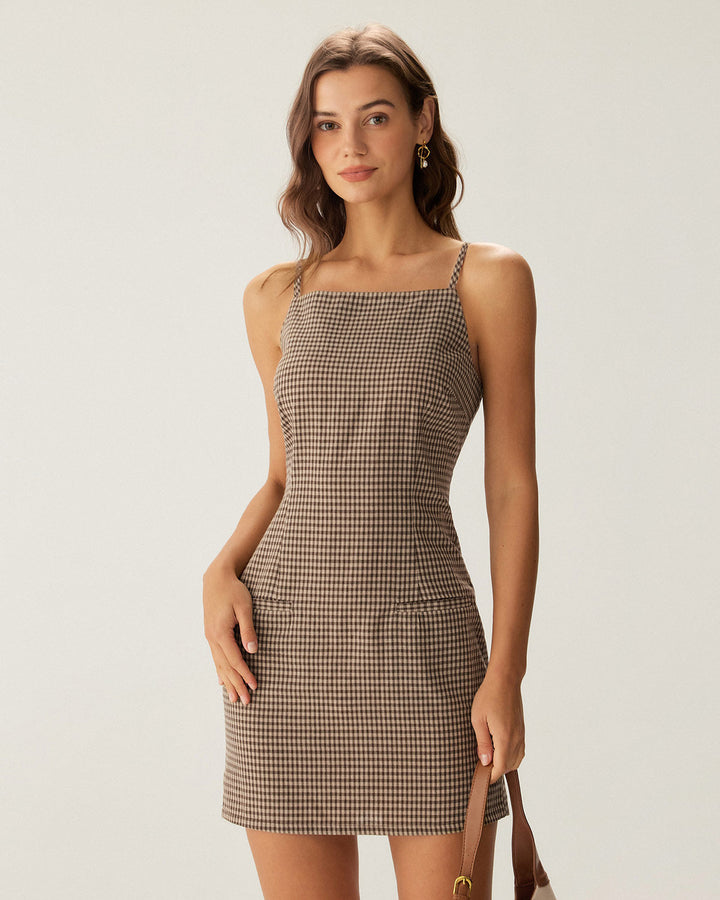 Vestido Mini de Cuadros Gingham Marrón