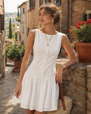 Vestido Mini de Algodón Jacquard Blanco con Cuello Barco para Mujeres