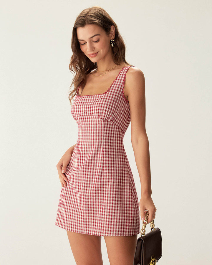 Vestido Mini Slip de Cuello Cuadrado a Cuadros Rojos
