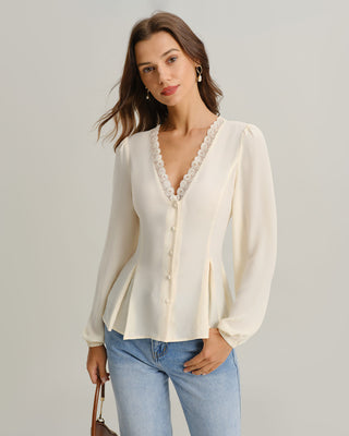 Blusa de Manga Larga de Encaje con Escote en V en Albaricoque