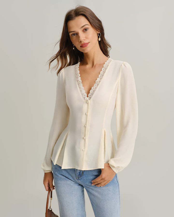 Blusa de Manga Larga de Encaje con Escote en V en Albaricoque