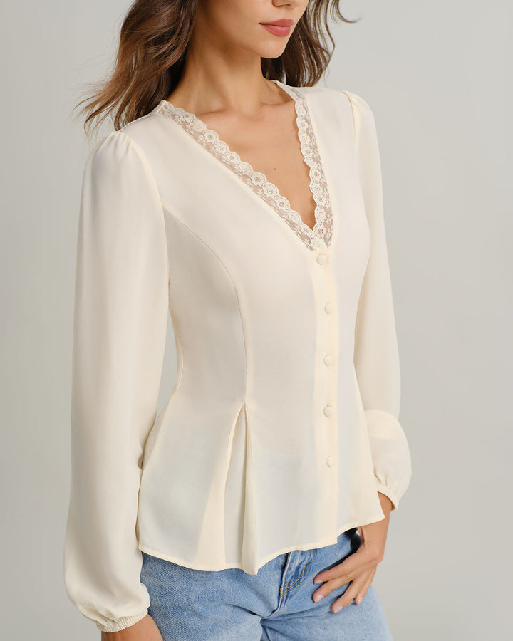 Blusa de Manga Larga de Encaje con Escote en V en Albaricoque