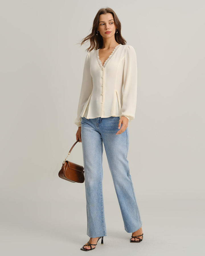 Blusa de Manga Larga de Encaje con Escote en V en Albaricoque