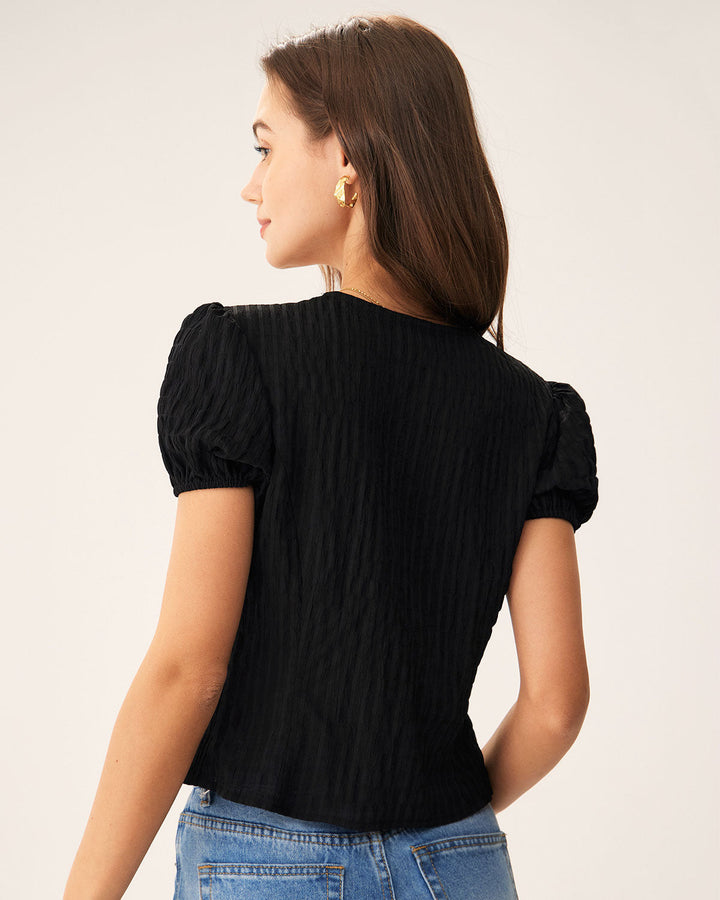 Blusa de Botones de Encaje Jacquard Negra