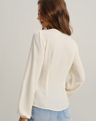 Blusa de Manga Larga de Encaje con Escote en V en Albaricoque
