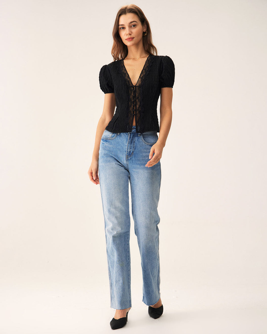 Blusa de Botones de Encaje Jacquard Negra