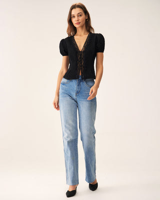 Blusa de Botones de Encaje Jacquard Negra