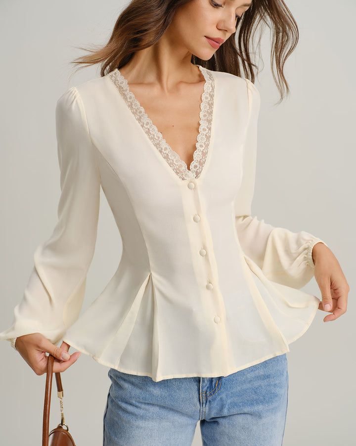 Blusa de Manga Larga de Encaje con Escote en V en Albaricoque