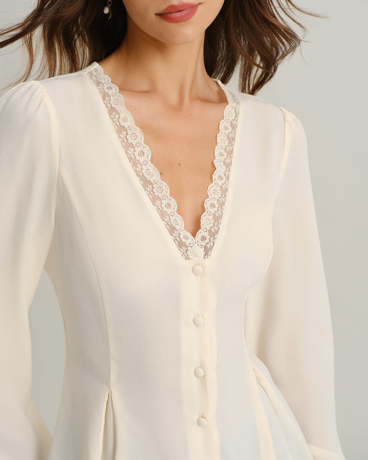 Blusa de Manga Larga de Encaje con Escote en V en Albaricoque