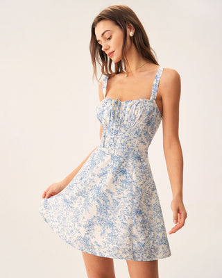 Vestido Mini Corsé de Tirantes Fruncidos con Estampado Floral Azul