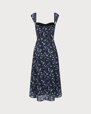 Vestido Midi de Cuello Corazón Floral en Marino