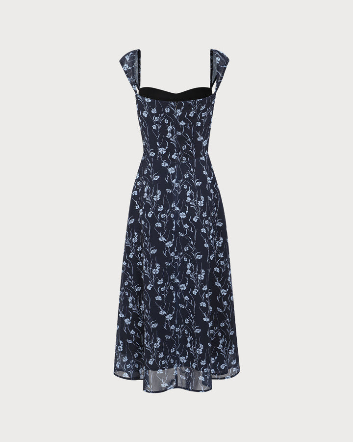 Vestido Midi de Cuello Corazón Floral en Marino