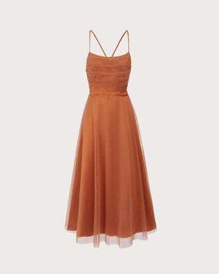 Vestido Midi Deslizante de Malla Caramelo