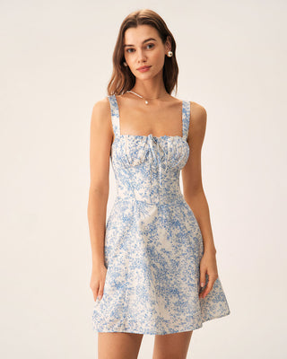 Vestido Mini Corsé de Tirantes Fruncidos con Estampado Floral Azul